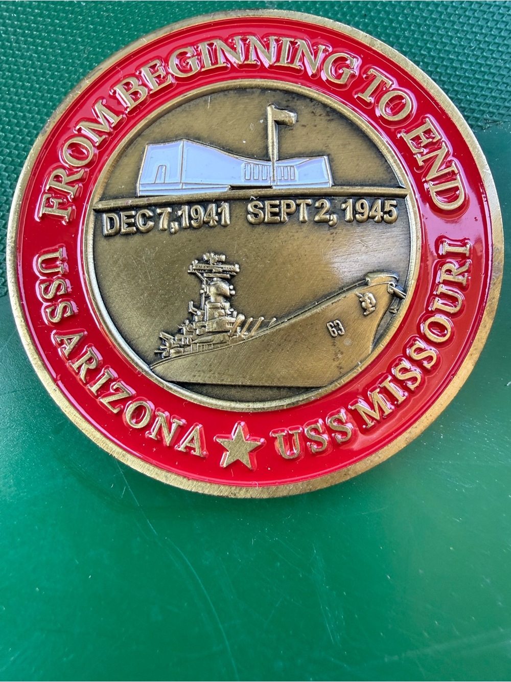 USS Arizona / USS Missouri Commemorative Challenge Coin - Red and Gold